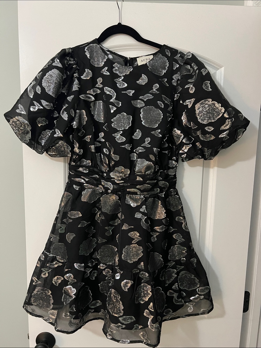 AURA Black Metallic Floral Party Dress